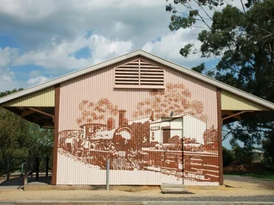 The historic Railway Goods Shed Museum building in Yinnar.