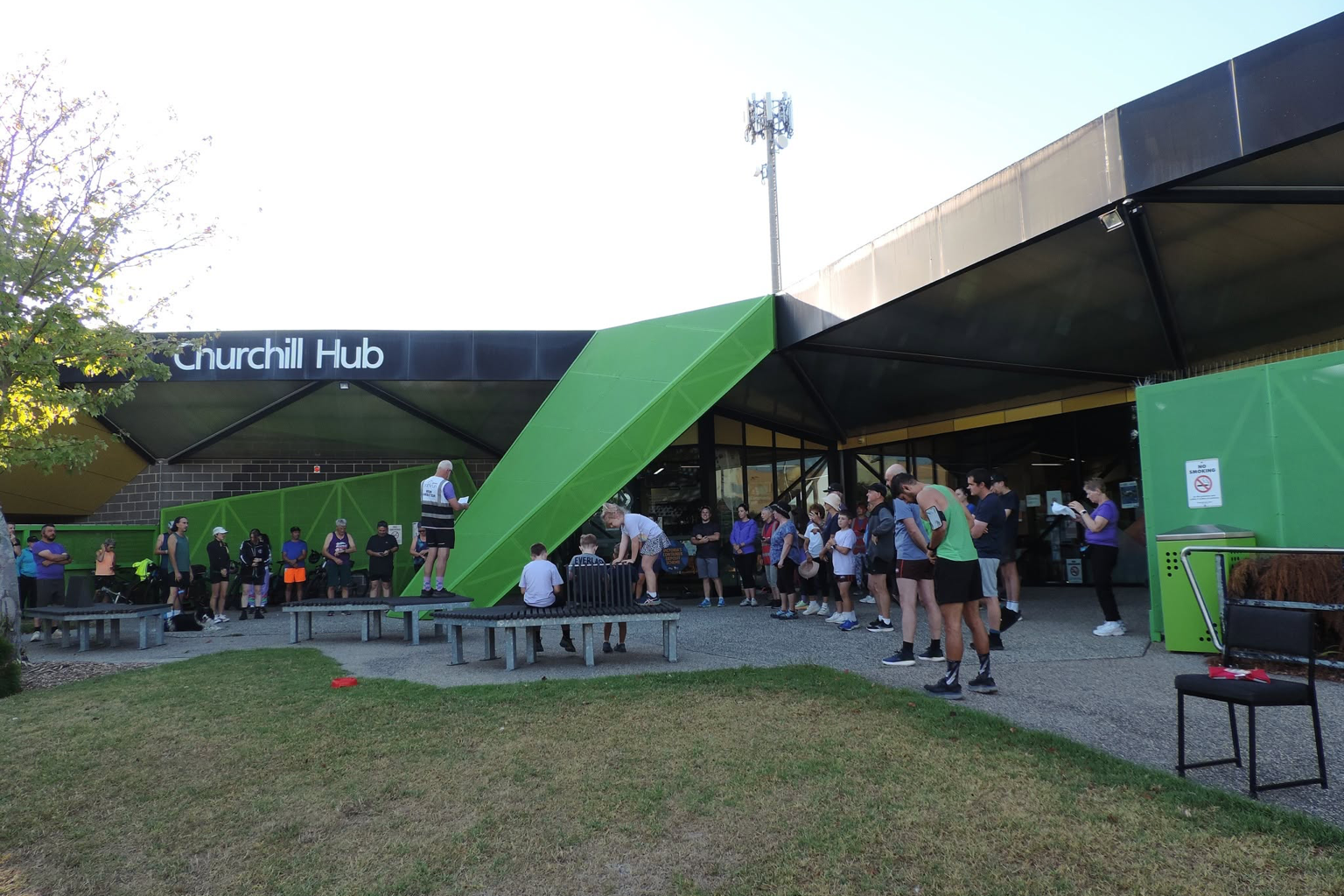 Participants gathered outside Churchill Community Hub before Churchill parkrun