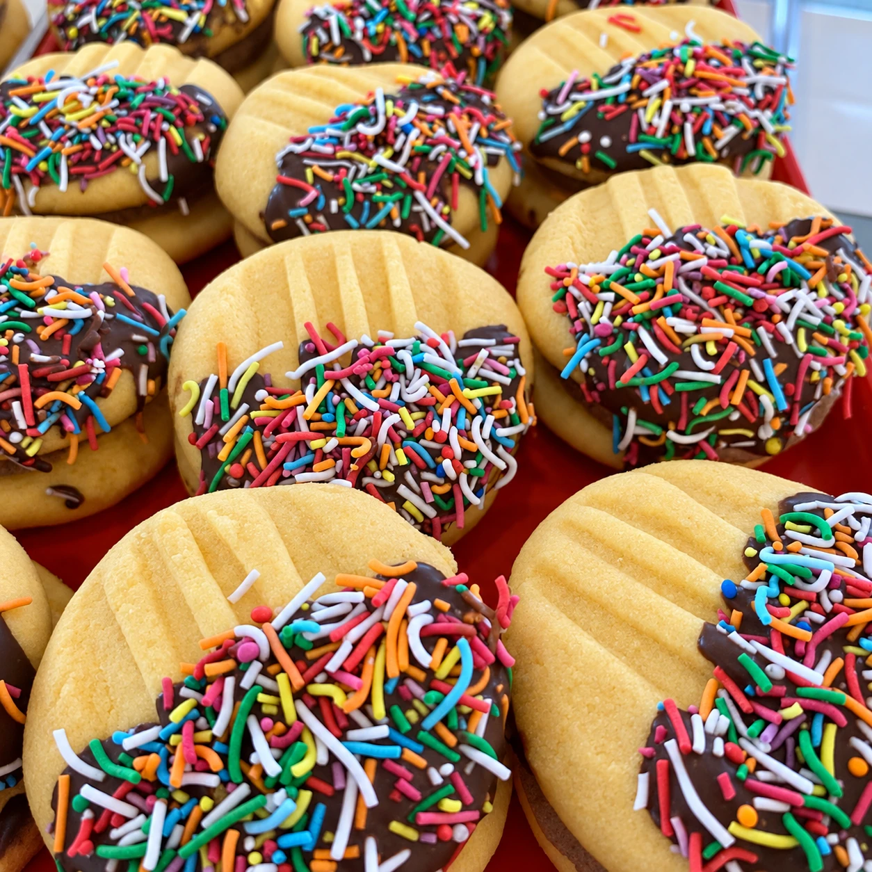 Chocolate-dipped biscuits covered with colourful sprinkles