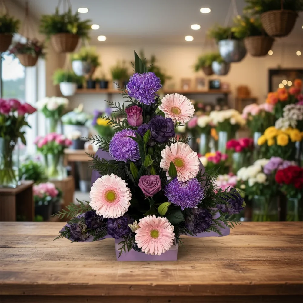 A purple and pale pink flower arrangement displayed inside the florist.