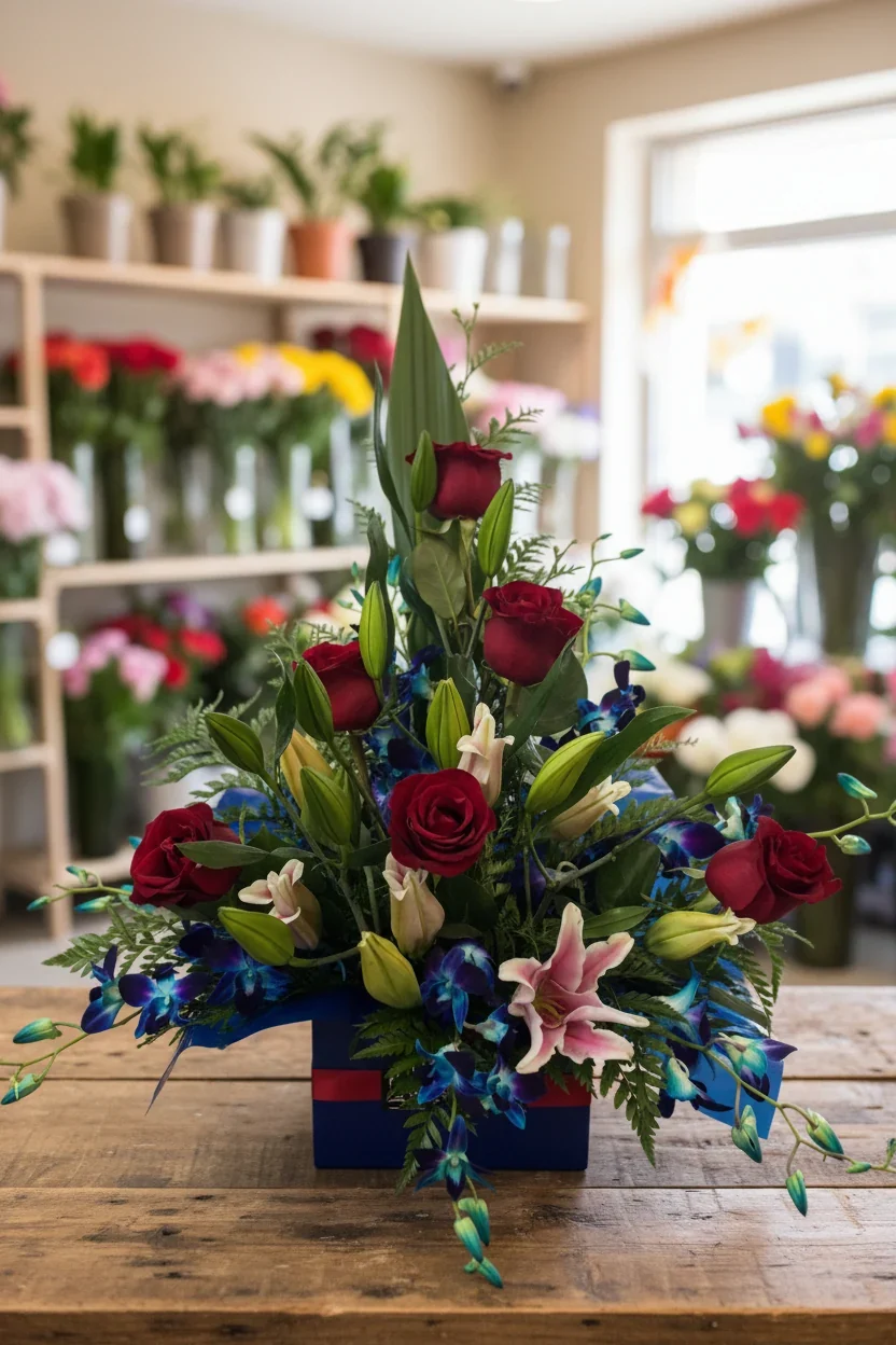 Red roses, lilies and blue flowers arranged on a timber counter inside the florist.