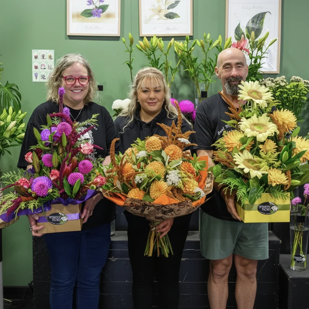 Three people stand inside Tiffany's Florist holding colourful flower arrangements.