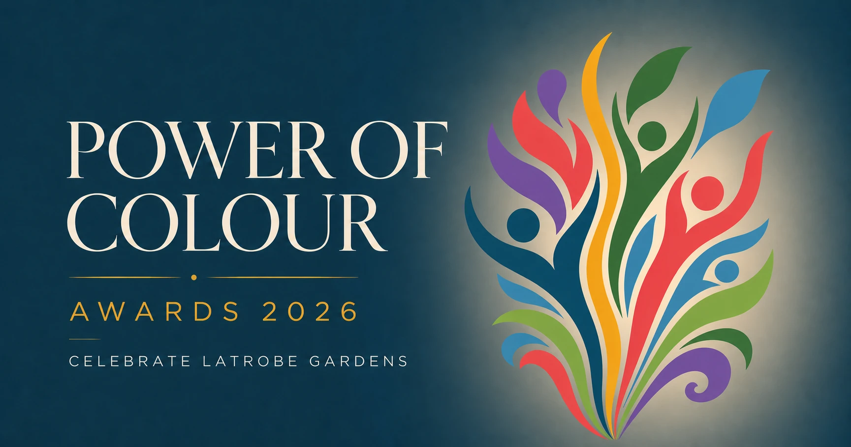 Power of Colour Awards 2026 — Celebrate Latrobe Gardens, with colourful figures rising like a fountain of leaves