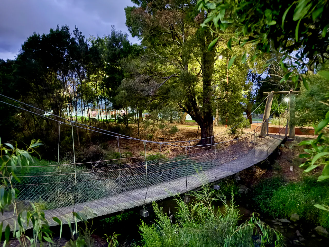Suspension bridge surrounded by trees in Moe Botanic Gardens