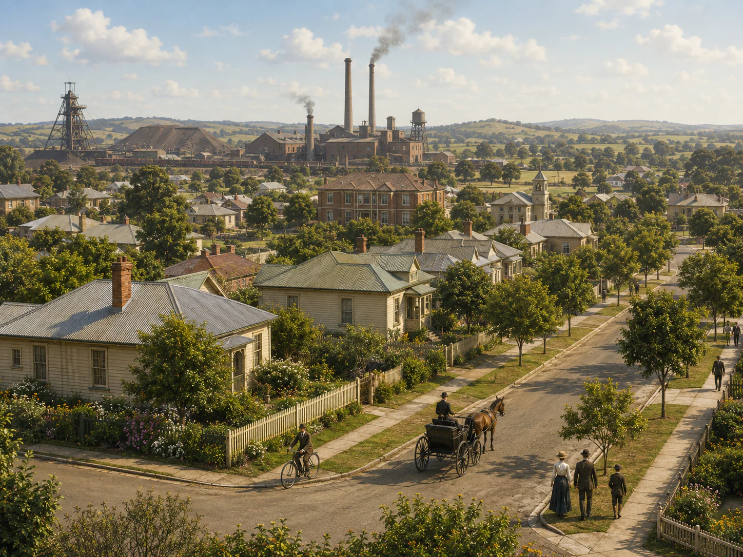 Illustrated town of tree-lined streets and gardens, with an industrial complex beyond.