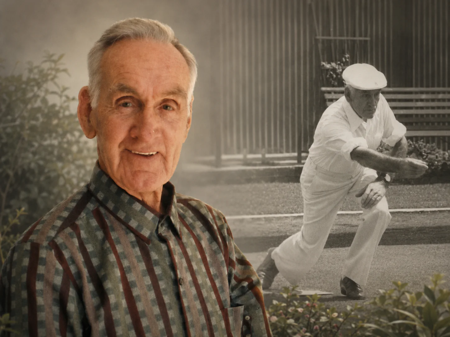Composite portrait of Jock Lawson with an archival image of him working in a garden.