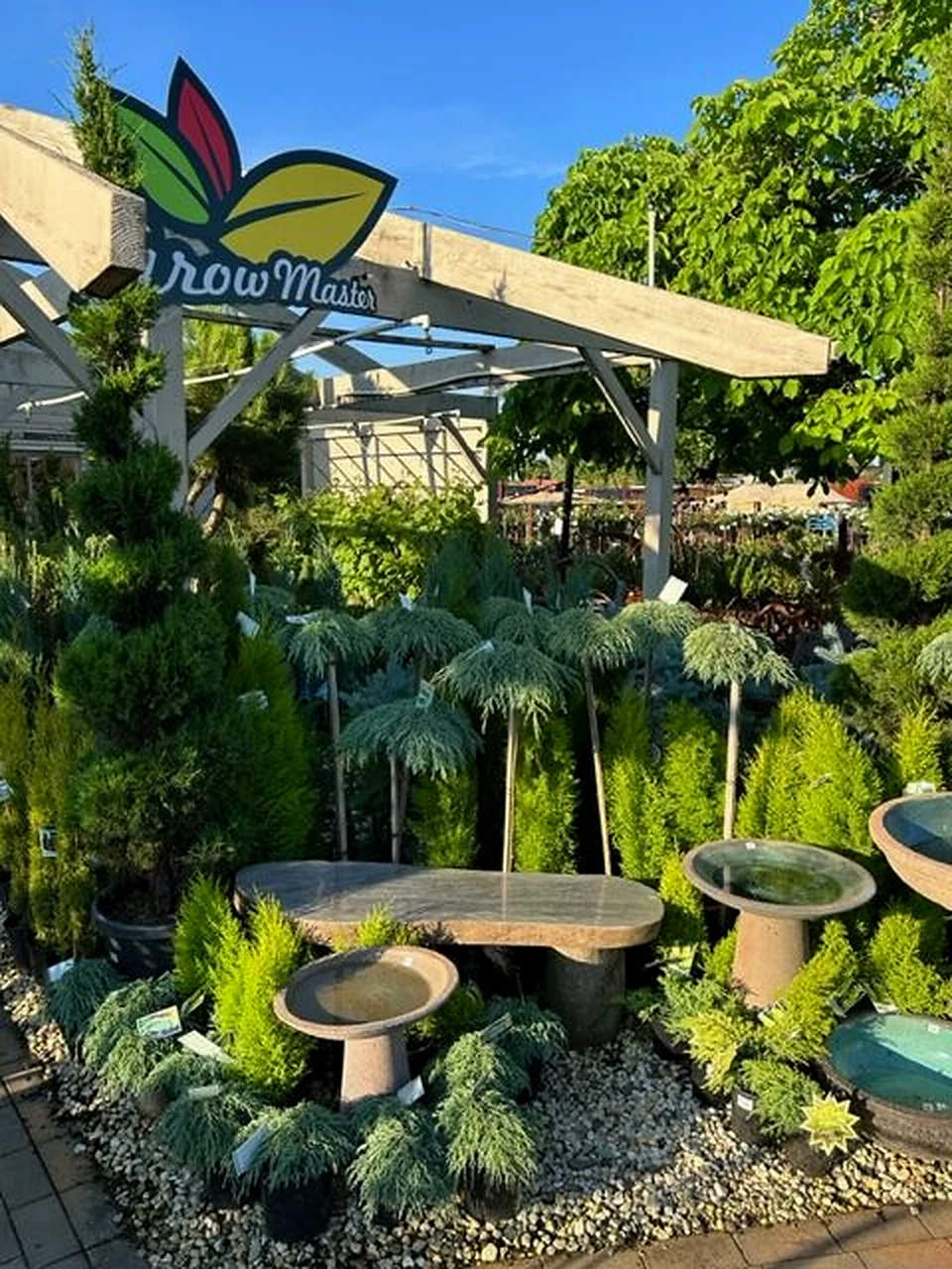 Conifers and other plants arranged around a stone table beneath the Grow Master sign.
