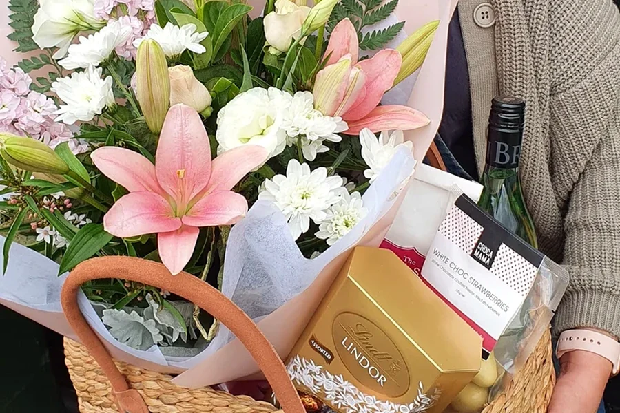 A flower and chocolate hamper held in the Lilly Pilly shop.