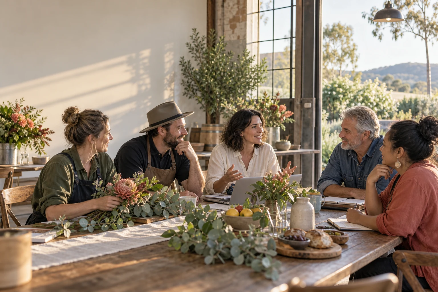 Concept scene of five regional business and community people exchanging ideas around a table with flowers and food