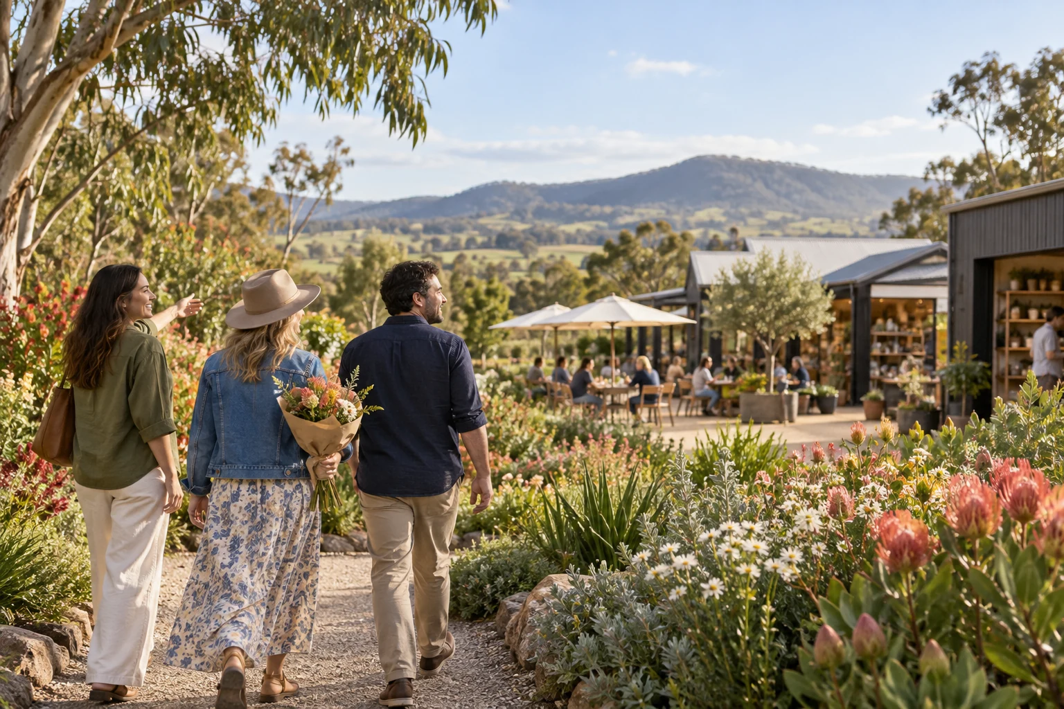 Concept scene of three adult visitors walking through flowers towards a regional café and makers shop