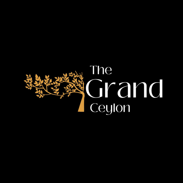 Gold tree emblem and white The Grand Ceylon lettering on black.