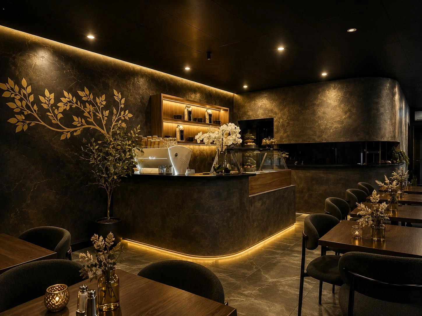 Warm lighting around the curved counter, gold tree wall design and dining tables inside The Grand Ceylon.