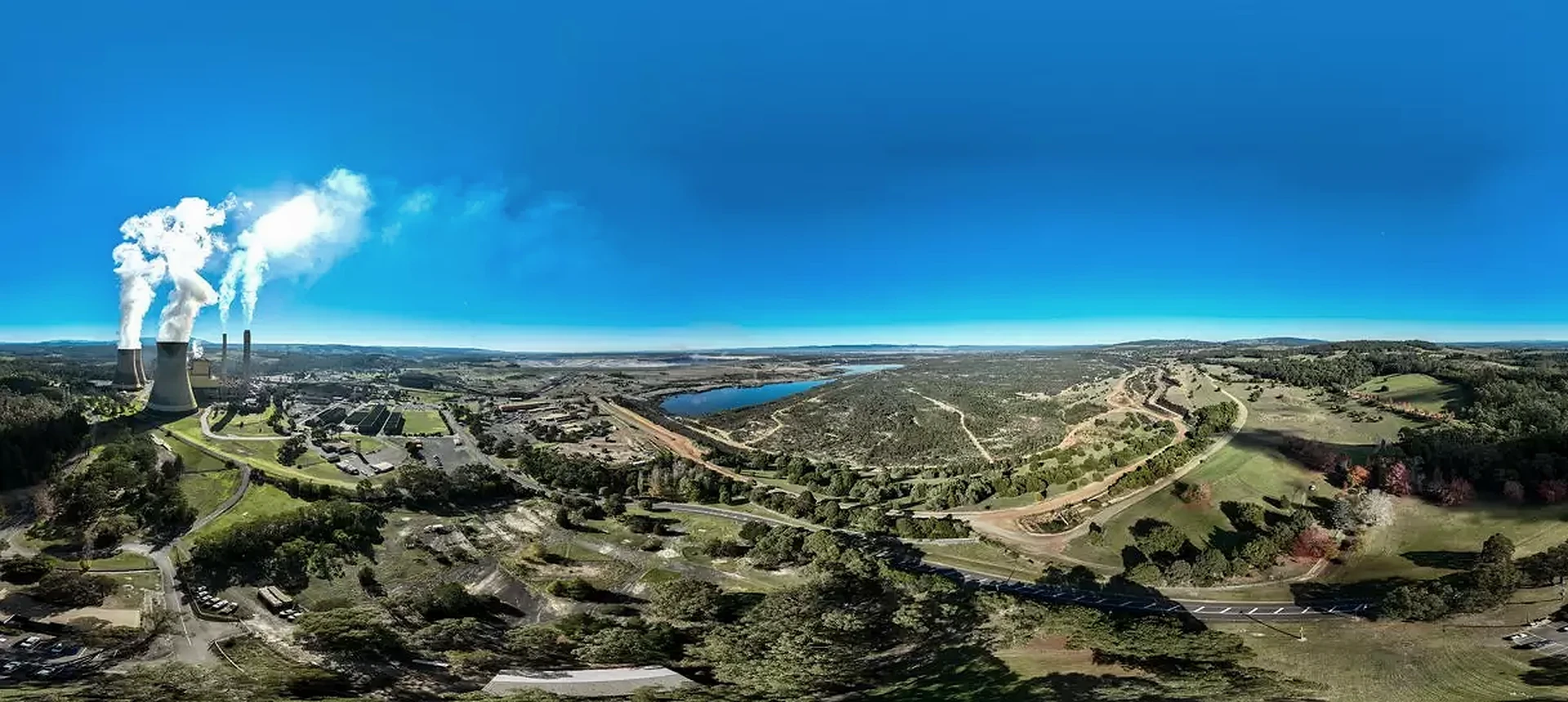 Panoramic view of Yallourn Power Station, transmission lines and the open cut.