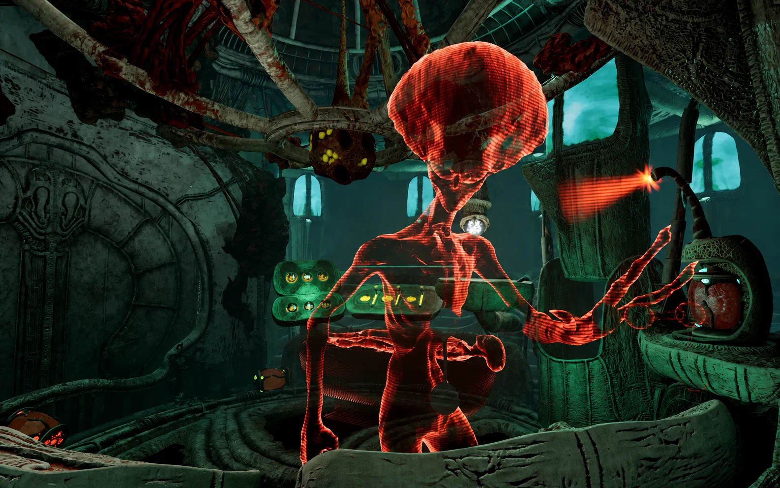 A red holographic alien figure inside the Alien Infection virtual-reality adventure.