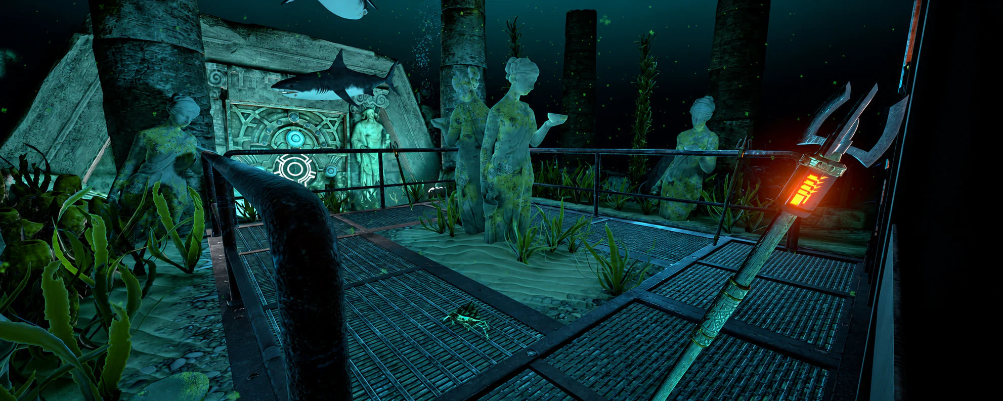 An underwater virtual-reality scene with ruins, statues, sea life and a glowing trident.