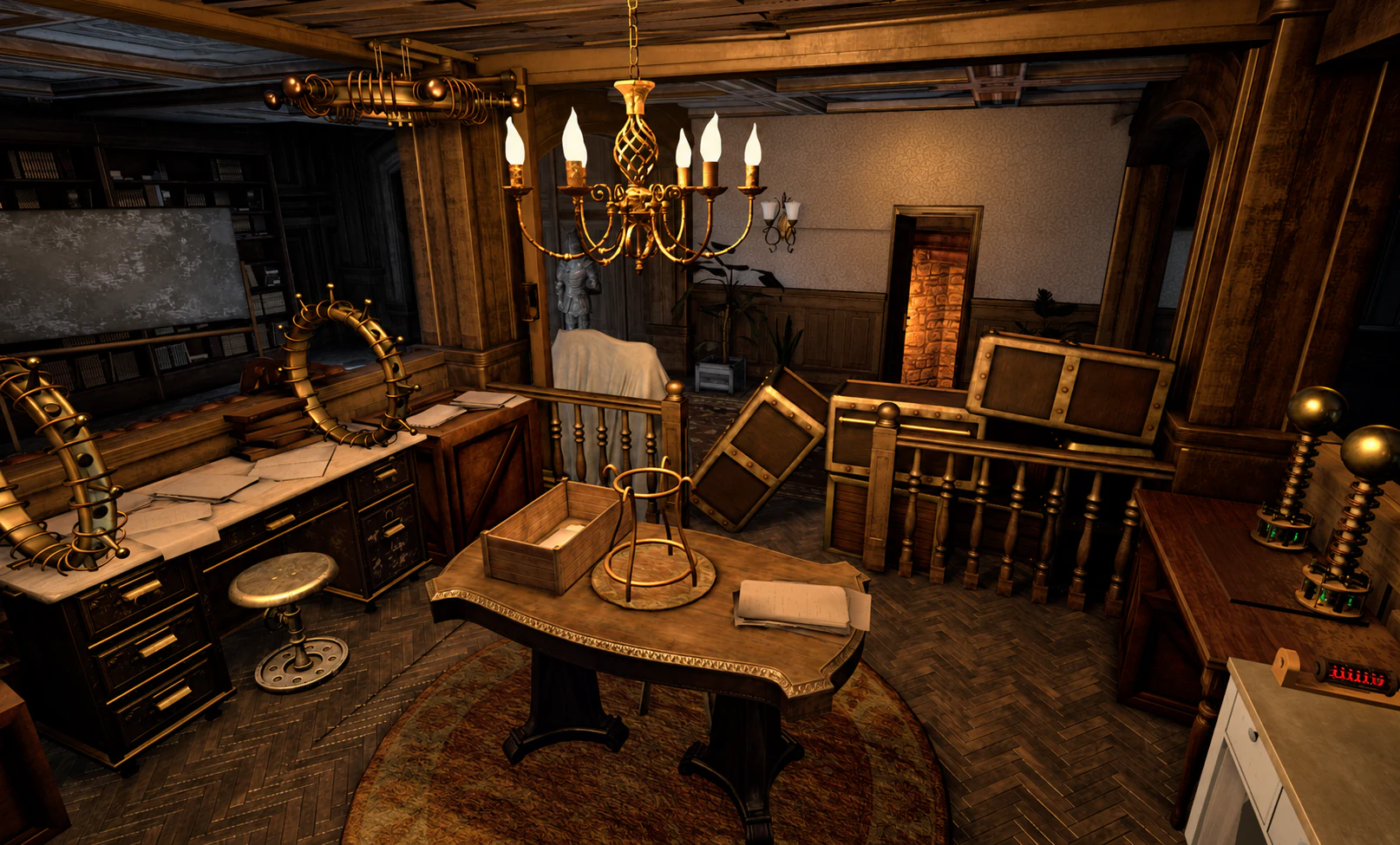 A richly detailed virtual-reality room with a chandelier, desks, books, mechanical coils and puzzle objects.