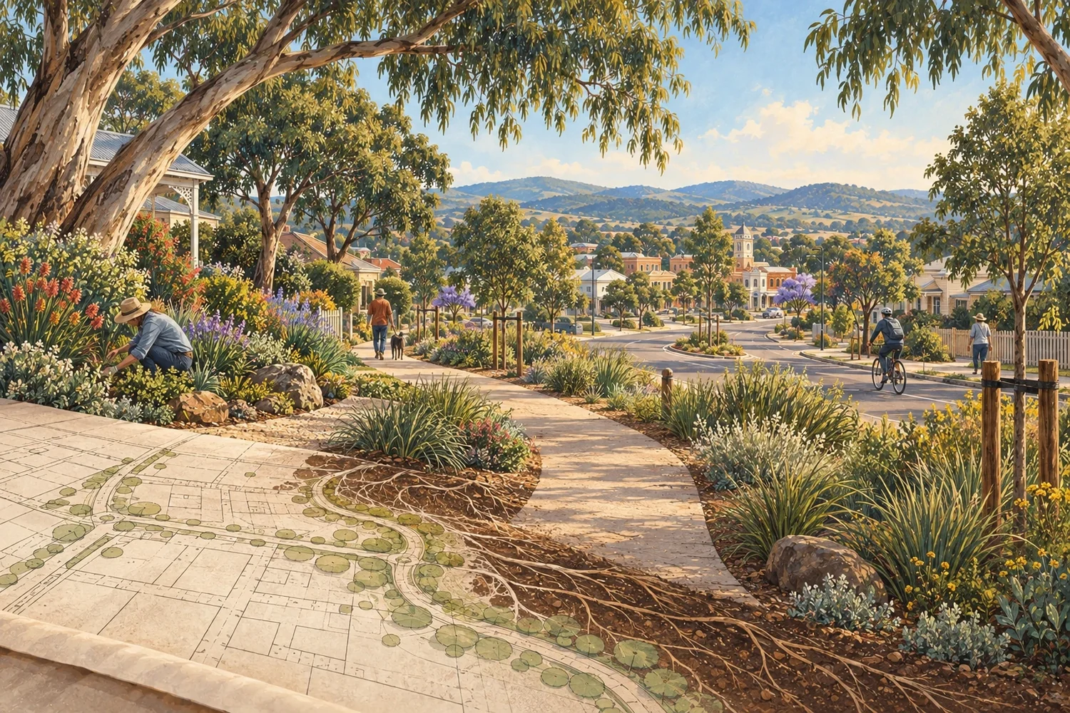 Painterly illustration of a tree-lined regional street and footpath flowing from town-plan lines, with gardens, homes, a civic centre and people tending and moving through the landscape.