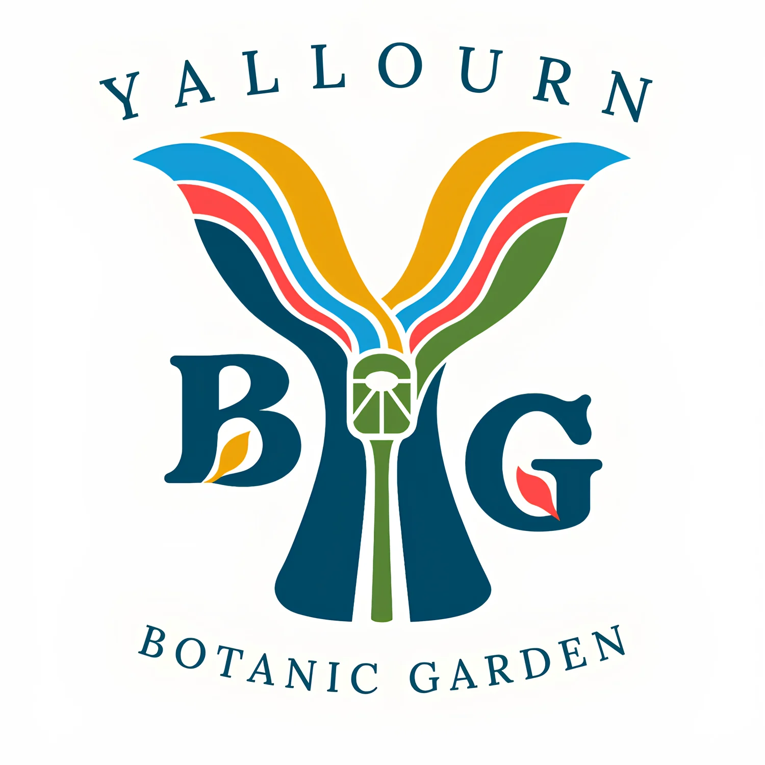 Yallourn Botanic Garden logo: a branching Y above a cooling-tower-shaped trunk, with Monash Square at the centre and leaf forms within the B and G.