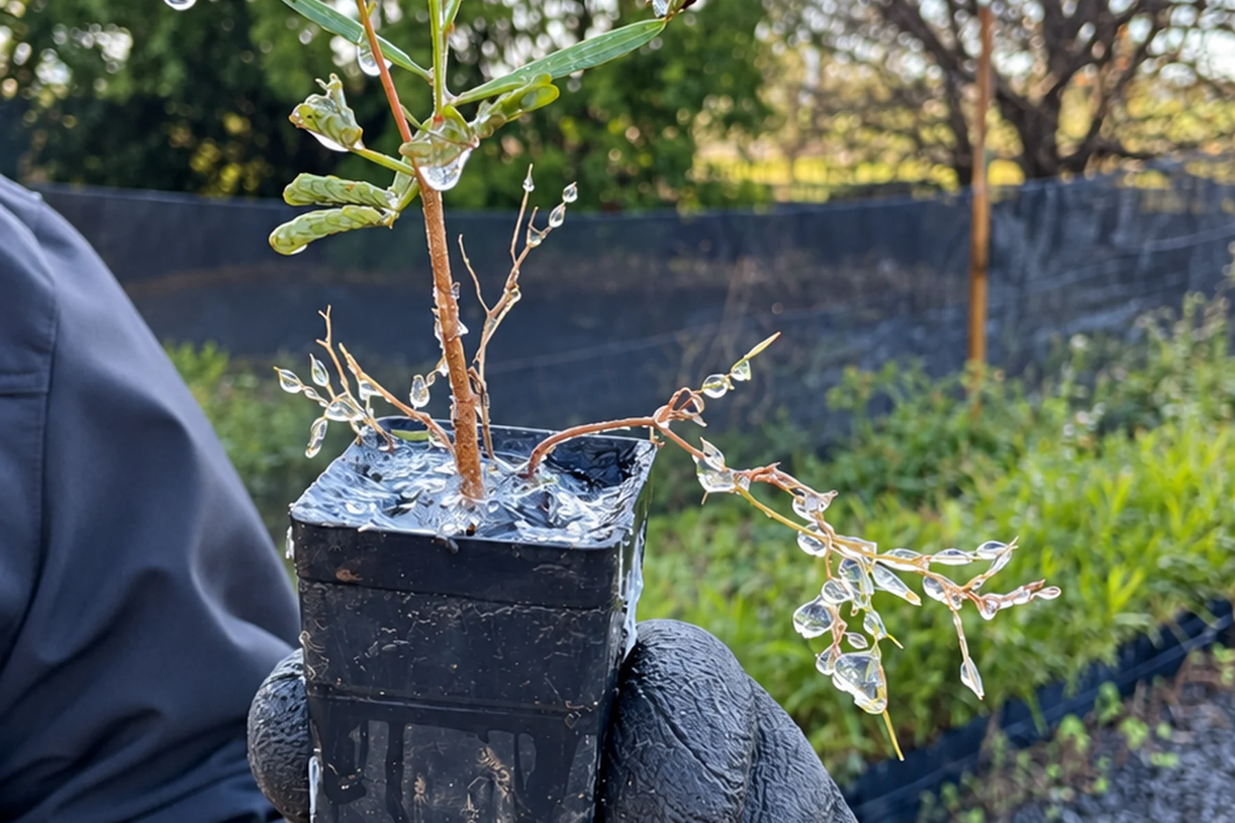 A gloved hand holds a wet tube-grown seedling in its small nursery pot.