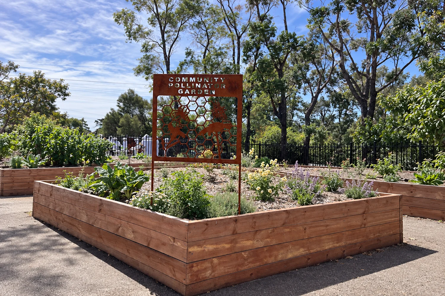 A timber-raised pollinator garden bed in Moe, centred on a rust-coloured Community Pollinator Garden sign, with vegetables and scattered pale flowers.