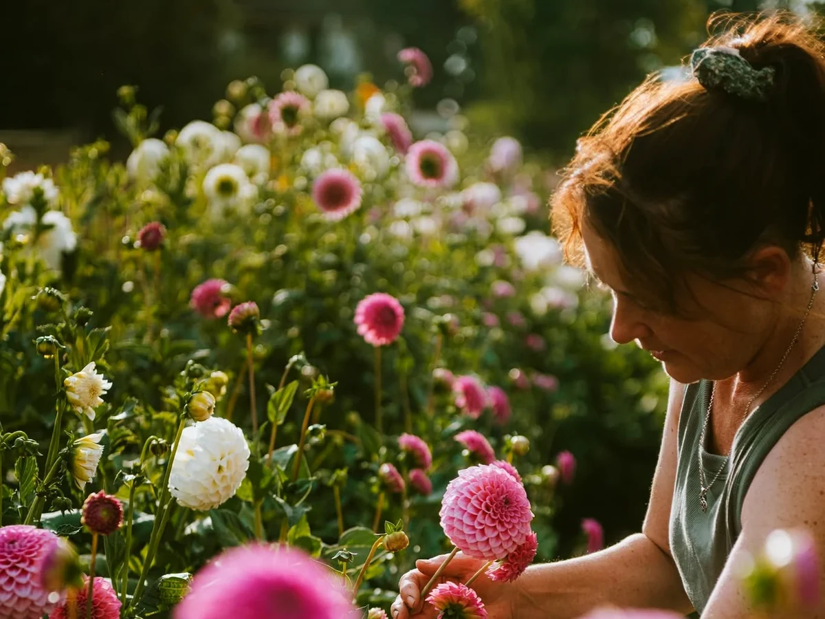 A flower grower examines pink dahlias among densely planted flower beds.
