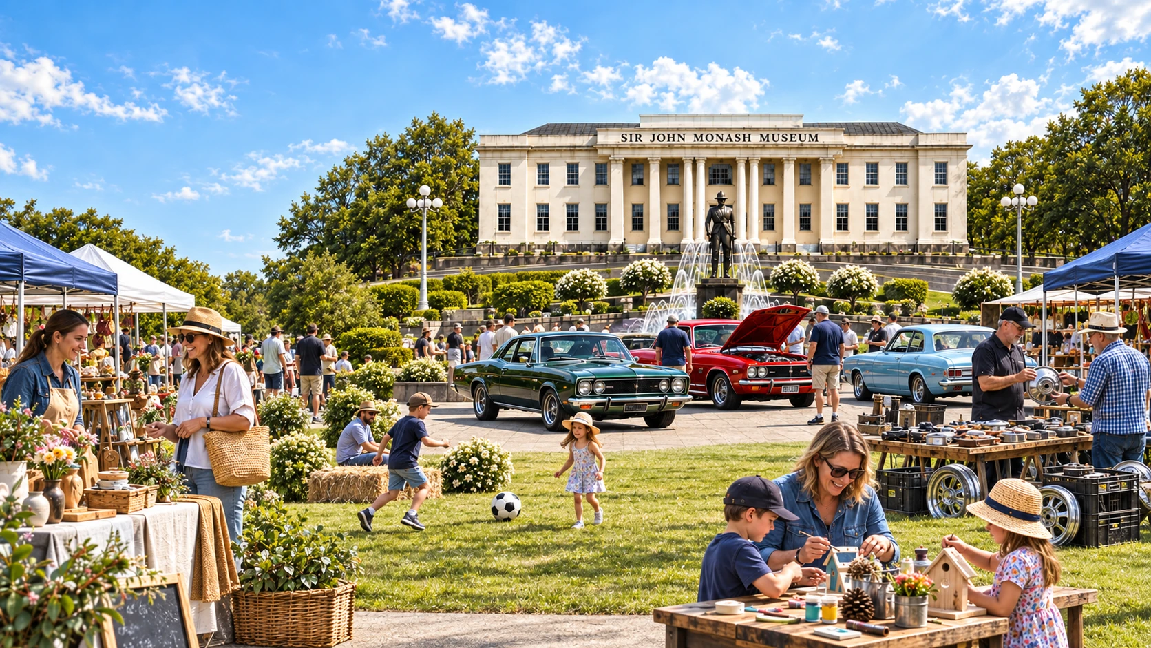 Campaign illustration of a community market day in front of Sir John Monash Museum, with market stalls, show cars, people sharing practical skills and children creating together