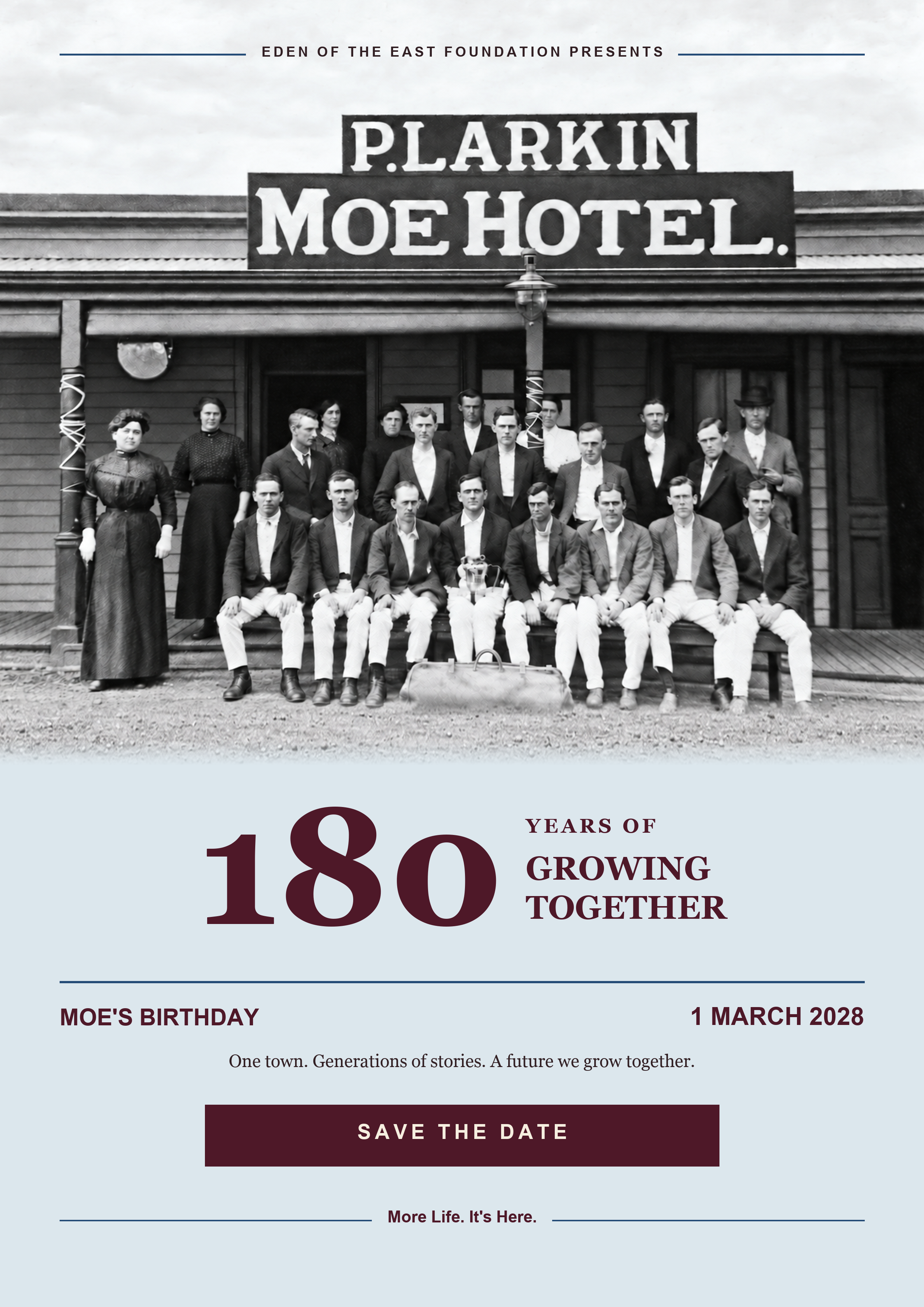 Front of the approved Moe 180 Years of Growing Together brochure